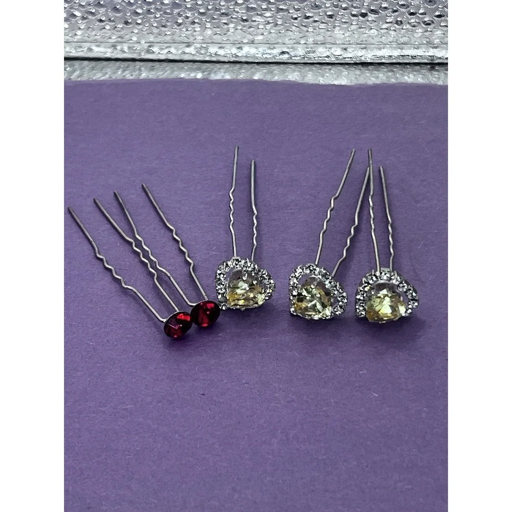 Lovely Vtg Rhinestone‎ Hair Pins Fork Stick LOT of 5 Multi Color Arts Heart
